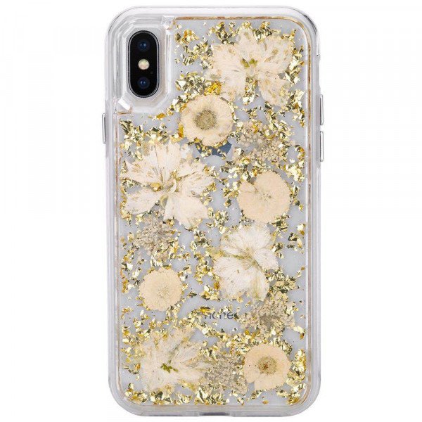 Wholesale iPhone XS / X Luxury Glitter Dried Natural Flower Petal Clear Hybrid Case (Gold Yellow)